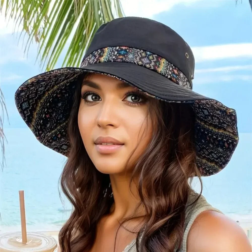 Western Boho Cowgirl Hat 2Way Embroidered Hicking Travel Sunhat - Picture 5 of 7